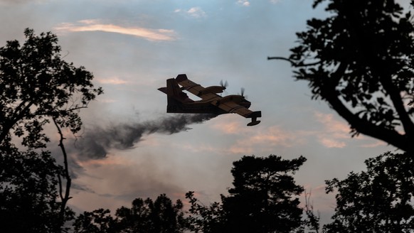 epa13109804 A Canadair firefighter airplane drops water during a fire in the Fontainebleau forest in Acheres-la-Foret, France, 13 July 2026 (issued 14 July 2026). EPA/GAUTHIER BEDRIGNANS