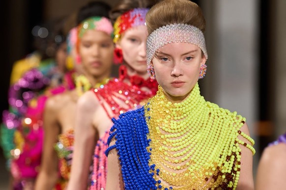 PARIS, FRANCE - JANUARY 30: (EDITORIAL USE ONLY - For Non-Editorial use please seek approval from Fashion House) A model walks the runway during the Germanier Haute Couture Spring-Summer 2025 show as  ...
