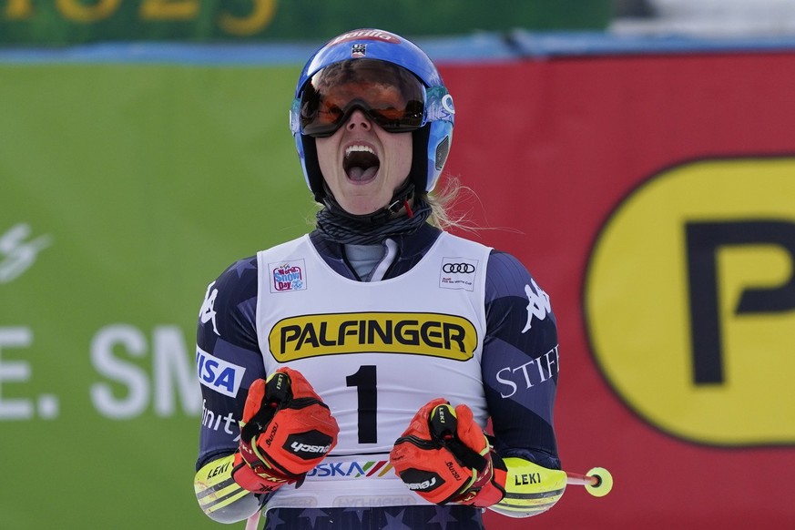 United States&#039; Mikaela Shiffrin celebrates winning an alpine ski, women&#039;s World Cup giant slalom race, in Kranjska Gora, Slovenia, Sunday, Jan. 8, 2023. (AP Photo/Giovanni Auletta)
