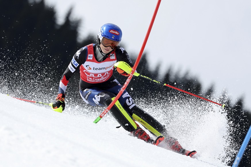 FILE - United States&#039; Mikaela Shiffrin competes during the first run of an alpine ski, women&#039;s World Cup slalom race, in Saalbach, Austria, on March 16, 2024. American ski star Mikaela Shiff ...
