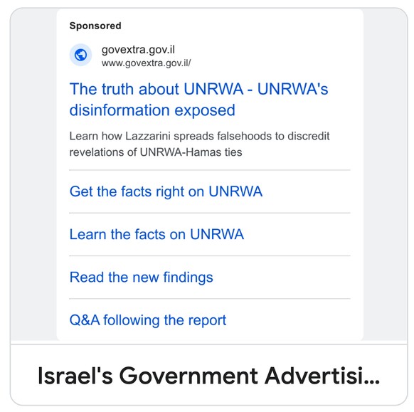 Un site sponsorisé en Suisse le 10 juillet 2025 mettant en cause les agissements de l'UNRWA.