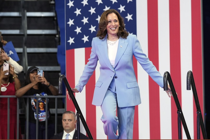 Vice President Kamala Harris arrives to speak during a campaign rally, Tuesday, July 30, 2024, in Atlanta. (AP Photo/John Bazemore)
Kamala Harris