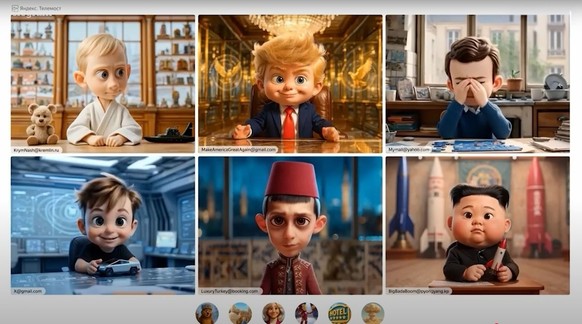 Avatars IA de Vladimir Poutine, Donald Trump, Emmanuel Macron, Elon Musk, Recep Tayyip Erdogan et du « petit homme fusée » Kim Jong Un.