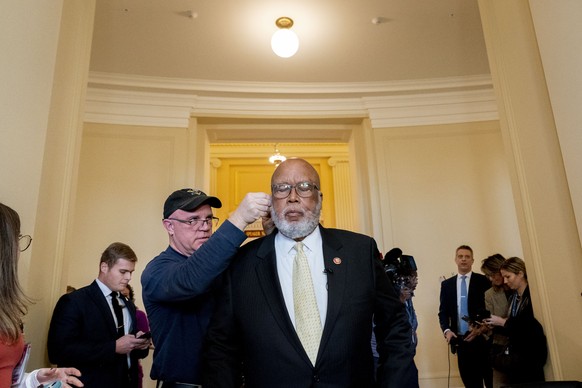 Committee chairman Rep. Bennie Thompson, D-Miss., prepares to go live on television after the House select committee investigating the Jan. 6 attack on the U.S. Capitol held its final meeting on Capit ...