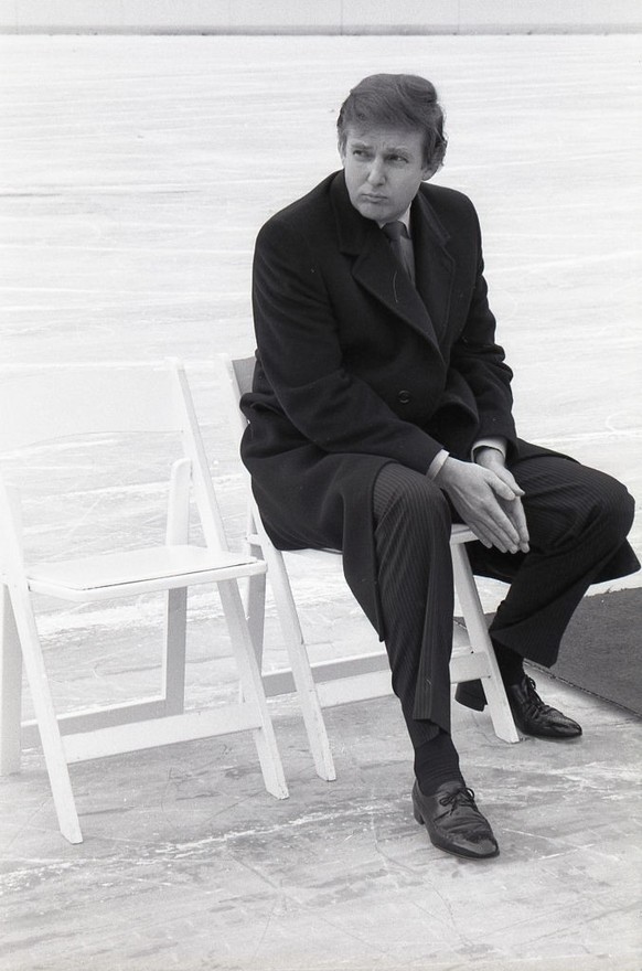 Donald Trump portrait outside of his Puma helicopter in 1987 at Atlantic City airport.