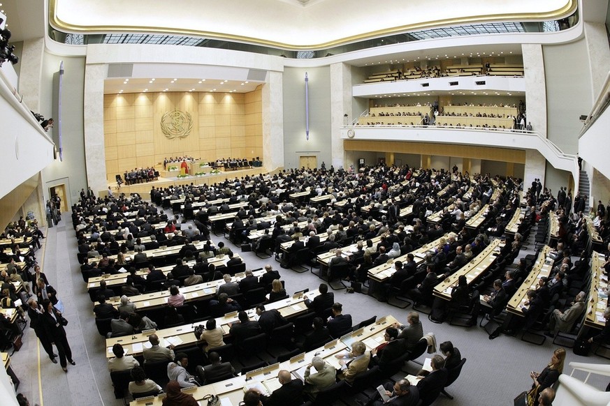 A general view of the assembly during the opening day of the World Health Organization, WHO, annual assembly at the European headquarters of the United Nations in Geneva, Switzerland, Monday, May 14,  ...