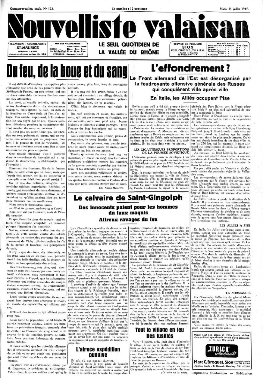 Article sur la destruction du village de Saint-Gingolf par les SS le 25 juillet 1944.
https://www.e-newspaperarchives.ch/?a=d&amp;d=NVE19440725-01&amp;e=-------de-20--1--img-txIN--------0-----