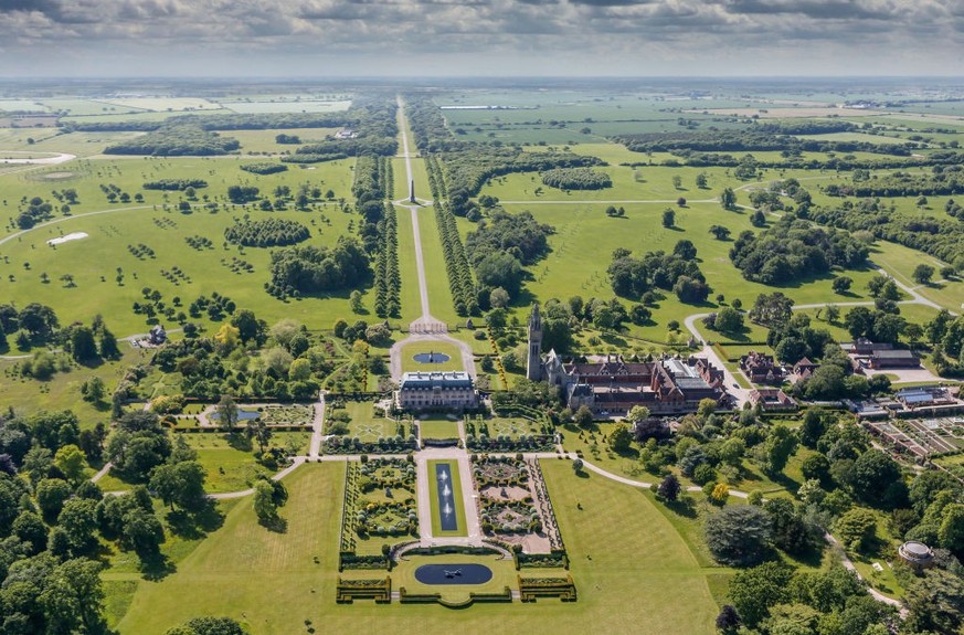 CHESHIRE, UNITED KINGDOM -JUNE 10. Aerial view of Eaton Hall in Cheshire on June 10, 2015. Located four miles south of Chester, this French chateaux style mansion was the country home of the Duke of W ...