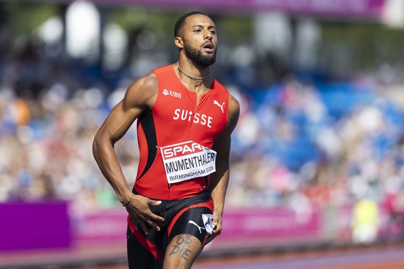 Timothe Mumenthaler of Switzerland in action during the men's 100 meters qualification at the European Athletics Championships, in the Alexander Stadium, Birmingham, United Kingdom, Tuesday, Augu ...