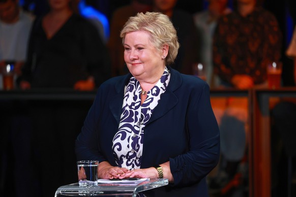 Høyre leader Erna Solberg smiles, during the televised debate between Norway&#039;s three prime ministerial candidates, at Chateau Neuf in Oslo, Sunday, Sept. 7, 2025. (Amanda Pedersen Giske/NTB Scanp ...