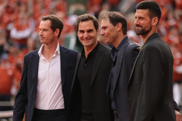 epaselect epa12134570 Tennis players Roger Federer of Switzerland (2L), Novak Djokovic of Serbia (R) and Andy Murray of Britain (L) attend Spanish Rafael Nadal's (2R) honouring ceremony at the Co ...