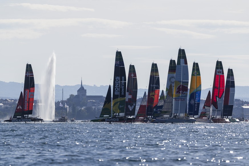 From left to right, The ROCKWOOL Racing SailGP Team, The BONDS Flying Roos SailGP Team, The Switzerland SailGP Team, The Los Gallos SailGP Team, The Germany SailGP Team, The Red Bull Italy SailGP Team ...