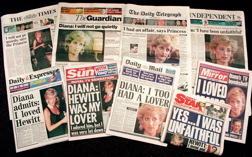 FILE - In this Nov. 21, 1995 file photo a selection of front pages of most of Britains&#039;s national newspapers showing their reaction to Princess Diana&#039;s television interview with BBC journali ...
