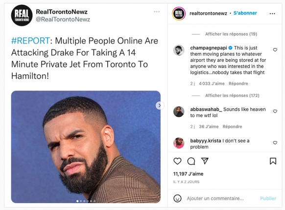 Drake vivement critiqué après un trajet en jet de 14 minutes