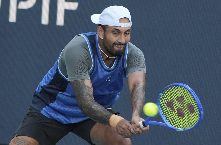 Nick Kyrgios, of Australia, hits a return to Mackenzie McDonald during the Miami Open tennis tournament, Wednesday, March 19, 2025, in Miami Gardens, Fla. (AP Photo/Lynne Sladky)
Nick Kyrgios