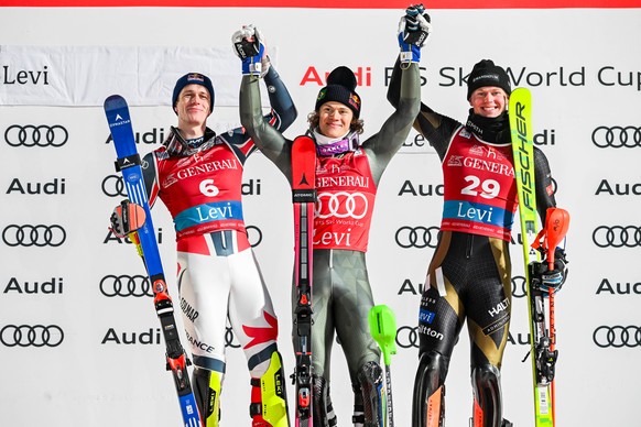 epa12529185 (L-R) Second placed Clement Noel of France, winner Lucas Pinheiro Braathen of Brazil and third placed Eduard Hallberg of Finland celebrate on the podium of the men&#039;s slalom race at th ...