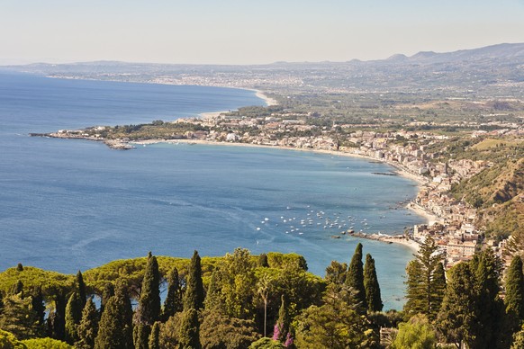View of Giardini Naxos and Golfo Di Naxos, from Taormina, Sicily, Italy. (Photo by: Mel Longhurst/VW Pics/Universal Images Group via Getty Images)