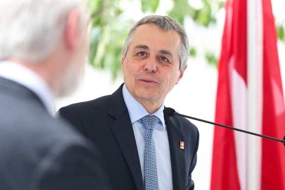 epa12984049 Vice President of Switzerland and Head of the Federal Department of Foreign Affairs Ignazio Cassis talks during the inauguration ceremony of the new Embassy of Switzerland in Plaka, Athens ...