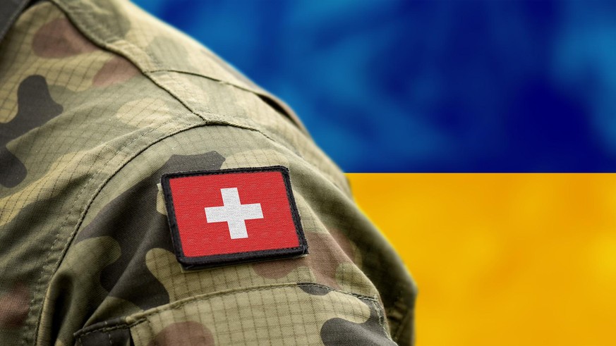 Flag of Switzerland on military uniform. Swiss flag on soldiers arm. Armed Forces, Army. Collage.