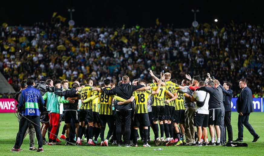 ALMATY, KAZAKHSTAN - AUGUST 26: Kairat players and staff celebrate at full time during a UEFA Champions League Play-Off Secong Leg match between Kairat Almaty and Celtic at the Almaty Ortalyk Stadion, ...