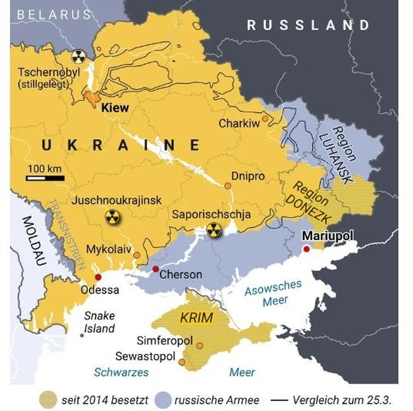 En gris-bleu l'armée russe, en jaune en bas la Crimée occupée depuis 2014.