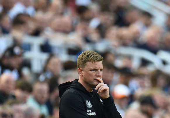 epa10614033 Newcastle United manager Eddie Howe reacts during the English Premier League soccer match between Newcastle United and Arsenal London in Newcastle, Britain, 07 May 2023. EPA/PETER POWELL E ...