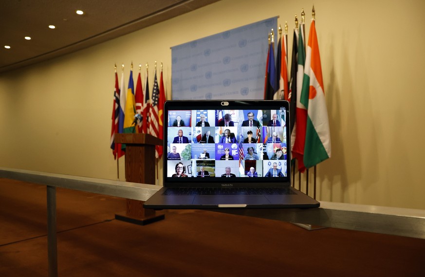 epa09204722 A computer screen is seen while members of the United Nations Security Council meet virtually on the situation in the Middle East, including the Palestinian question outside the Security C ...