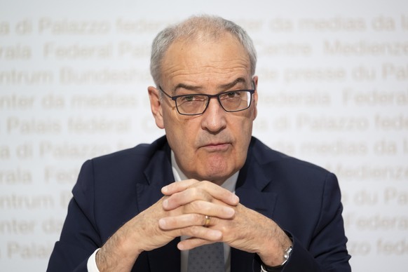 Bundespraesident Guy Parmelin waehrend einer Medienkonferenz zu den Abstimmungsergebnissen, waehrend den Eidgenoessischen Abstimmungen, am Sonntag, 14. Juni 2026 in Bern. (KEYSTONE/Anthony Anex)