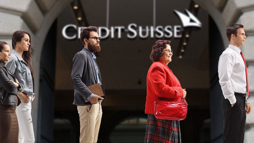 montage watson avec des personnes faisant la queue devant Credit Suisse