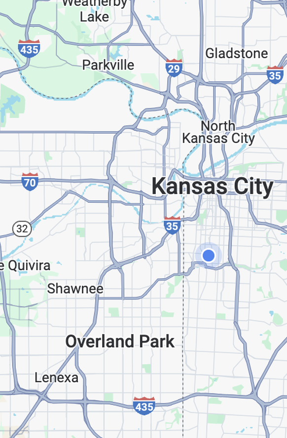 Les deux villes de Kansas City sont sciées en deux par une frontière (en traitillé).