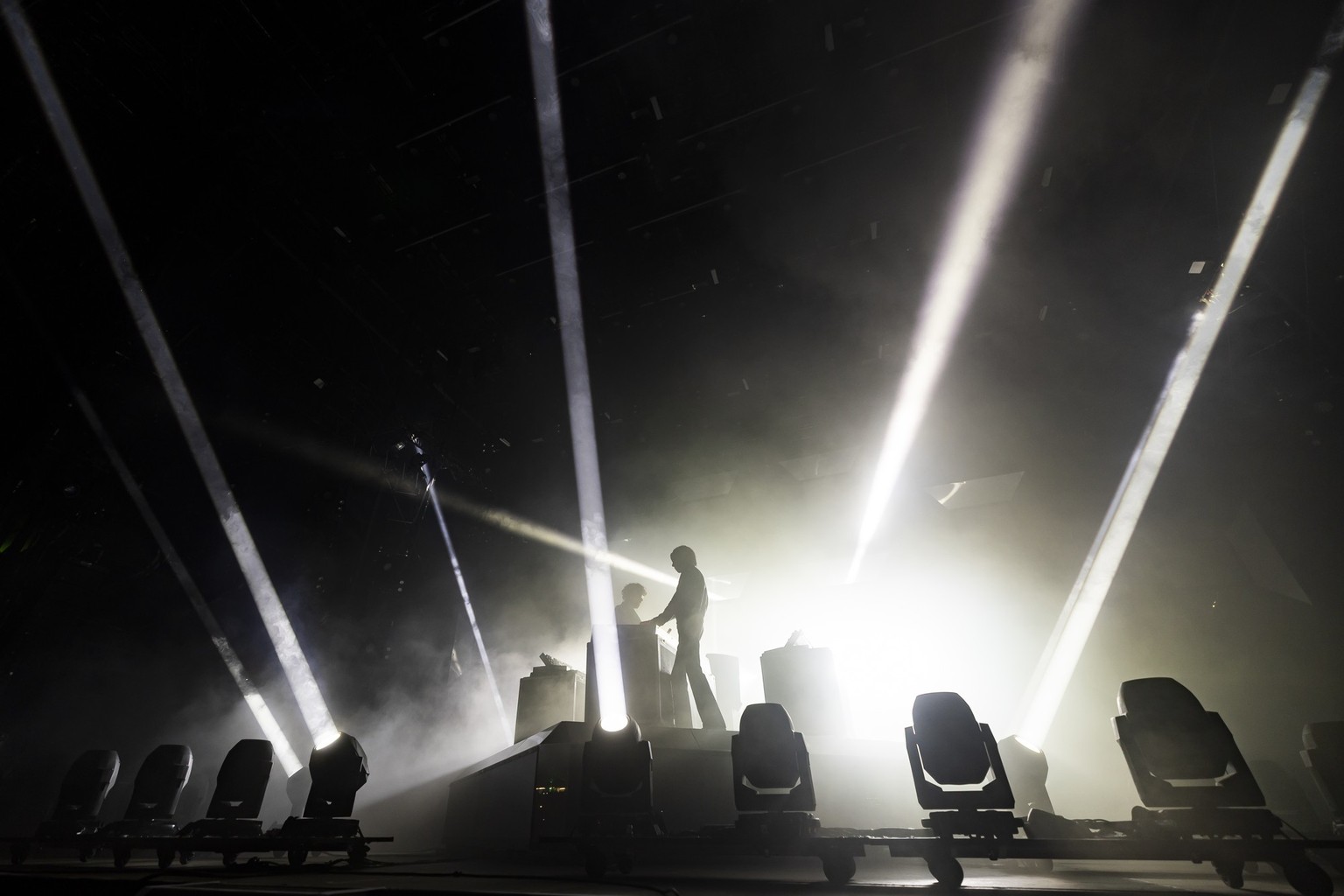 KEYPIX - French group Justice performs on the main stage, during the 48th edition of the Paleo Festival, in Nyon, Switzerland, Wednesday, July 23, 2025. The Paleo is an open-air music festival in the  ...