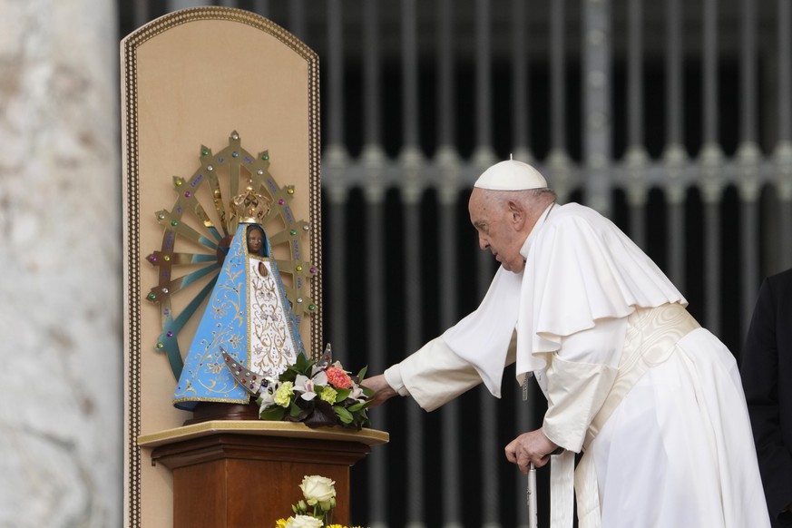 Pope Francis prays in front of the Holy Virgin prior to the start of his weekly general audience in St. Peter&#039;s Square, at the Vatican, Wednesday, May 8, 2024. (AP Photo/Andrew Medichini)