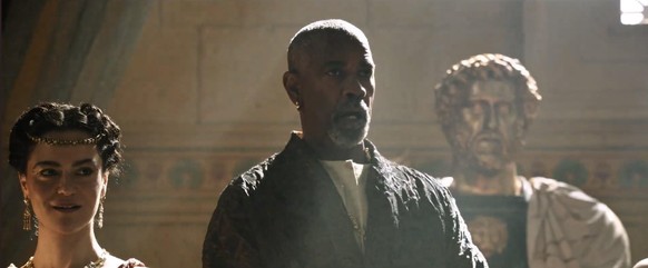 Denzel Washington and May Calamawy in Gladiator II (2024)