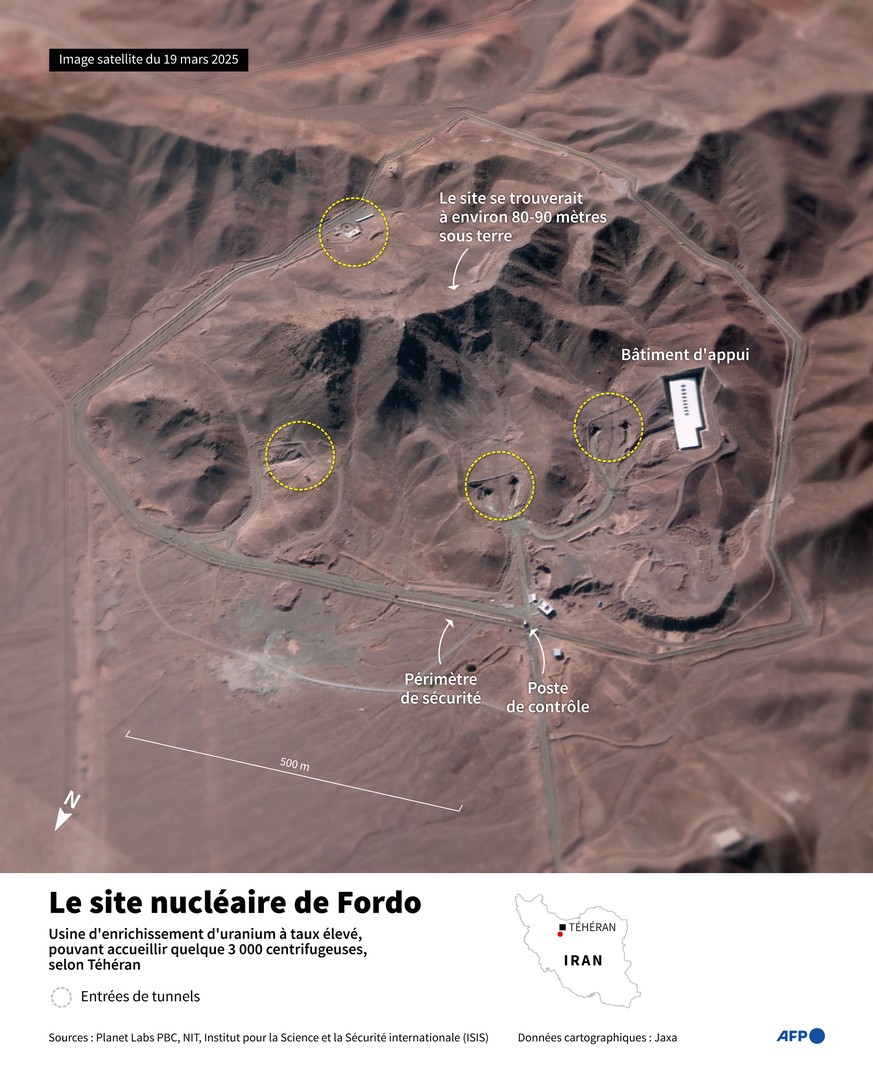 Image satellite de Planet Labs PBC du 19 mars 2025 montrant le site nucléaire souterrain de Fordo, en Iran.