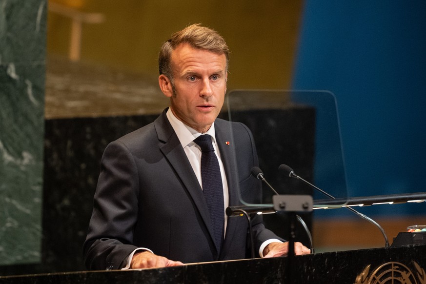 epa12398614 French President Emmanuel Macron speaks during the High-Level International Conference for the Peaceful Settlement of the Question of Palestine and the Implementation of the Two-State Solu ...