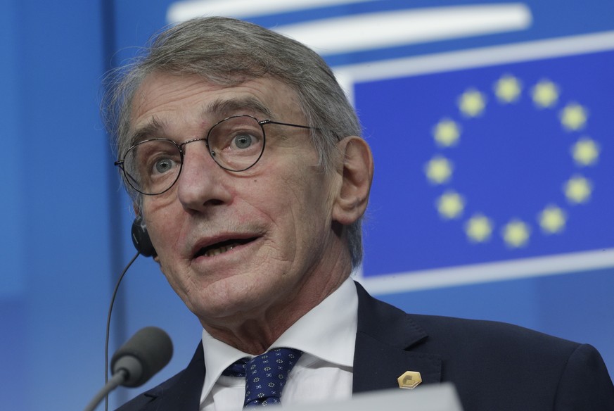 epa09644818 European Parliament President David Sassoli during a EU summit in Brussels, Belgium, 16 December 2021. EU leaders will discuss developments related to COVID-19, crisis management and resil ...