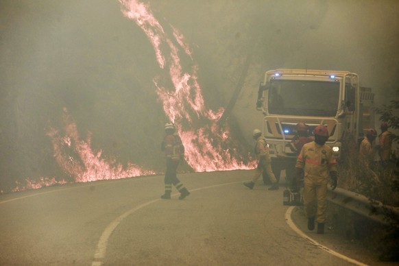 epa10078291 Firefighters work to extinguish a forest fire in Alvendre, near Guarda, Portugal, 18 July 2022. Some 268 operatives, 77 vehicles, and six airplanes are fighting the forest fire. EPA/MIGUEL ...