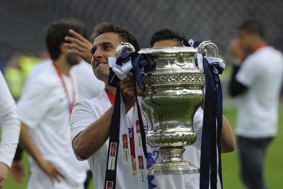 FCZ&#039;s Mario Gavranovic celebrates after winning the Swiss Cup final soccer match between FC Basel and FC Zurich at the Stade de Suisse stadium in Bern, Switzerland, Monday, April 21, 2014. (KEYST ...