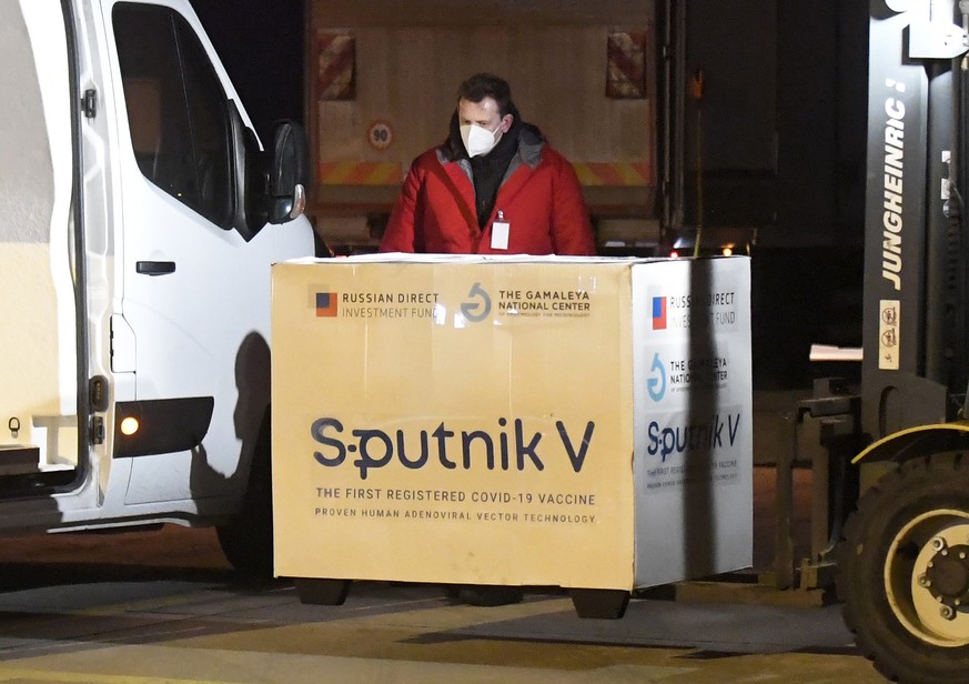 Russia&#039;s Sputnik V coronavirus vaccine arrives at Kosice Airport, Slovakia, Monday March 1, 2021. Hard-hit Slovakia signed a deal to acquire 2 million dozes of Russia���s Sputnik V coronavirus va ...