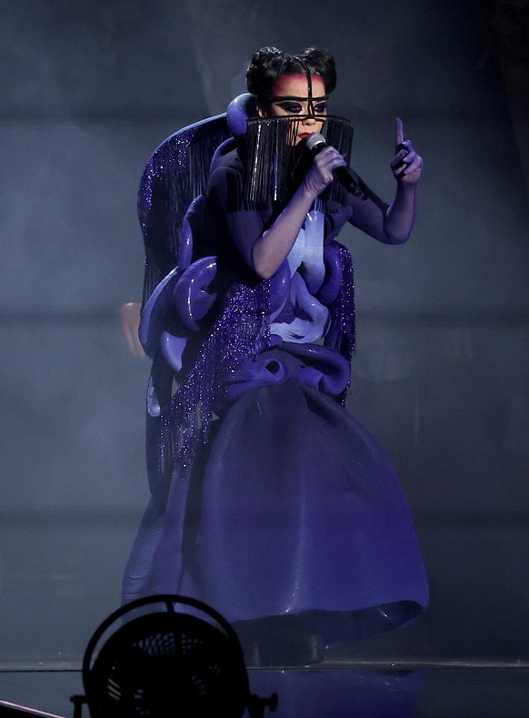 epa12785269 Bjork performs during the 2026 BRIT Awards live show at the Co-op Live Arena, Manchester, Britain, 28 February 2026. The annual pop music awards are presented by the British Phonographic I ...