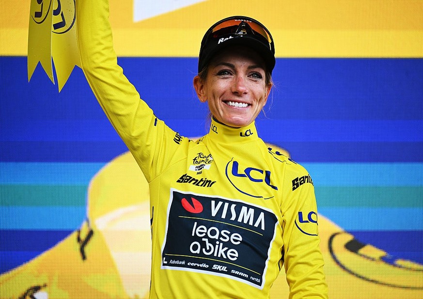 SAINT-FRANCOIS LONGCHAMP, FRANCE - AUGUST 02: Pauline Ferrand-Prevot of France and Team Visma | Lease a Bike celebrates at podium as Yellow leader jersey winner during the 4th Tour de France Femmes 20 ...