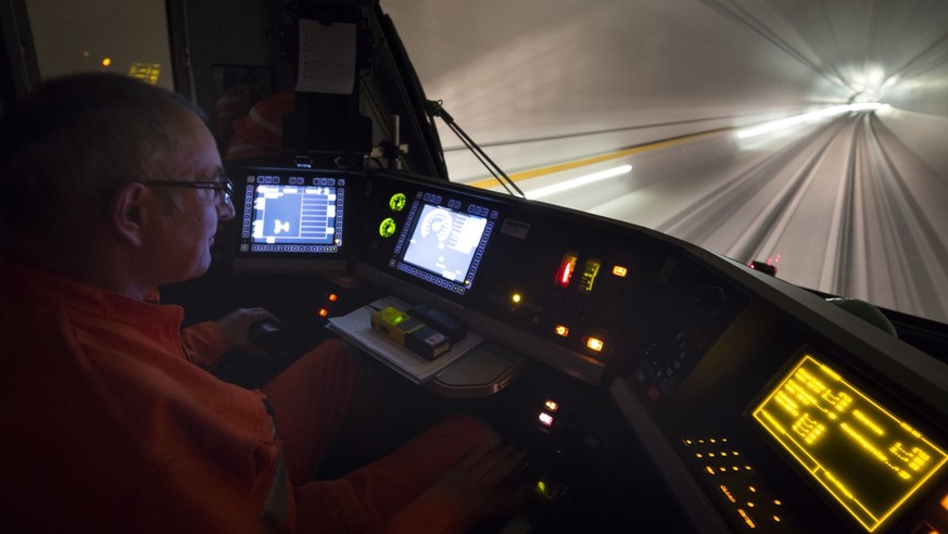 Test ride of the Swiss Federal Railways through the west tube of the Gotthard Base Tunnel from Erstfeld, in the Canton of Uri, to Biasca, in the Canton of Ticino, by train operator Hans Blaser, on Oct ...