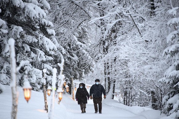 People walk wearing protective face mask under snowfall the 2 km long snow-covered Lantern Path (chemin des lanternes) between Lake Moubra and Lake Etang Long during the coronavirus disease (COVID-19) ...