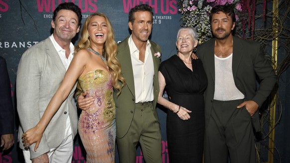 Hugh Jackman, from left, Blake Lively, Ryan Reynolds, Tammy Reynolds, and Brandon Sklenar attend the world premiere of &quot;It Ends with Us&quot; at AMC Lincoln Square on Tuesday, Aug. 6, 2024, in Ne ...
