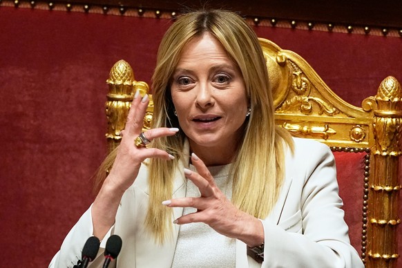 Italy's Prime Minister Giorgia Meloni addresses the Senate regarding the conflict in Iran and the Gulf region, in Rome, Wednesday, March 11, 2026. (AP Photo/Alessandra Tarantino)
Giorgia Meloni