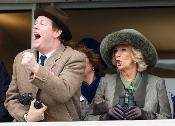 ASCOT, UNITED KINGDOM - JUNE 24: (EMBARGOED FOR PUBLICATION IN UK NEWSPAPERS UNTIL 24 HOURS AFTER CREATE DATE AND TIME) Queen Camilla, King Charles III and Lady Gabriella Windsor watch, from the Royal ...