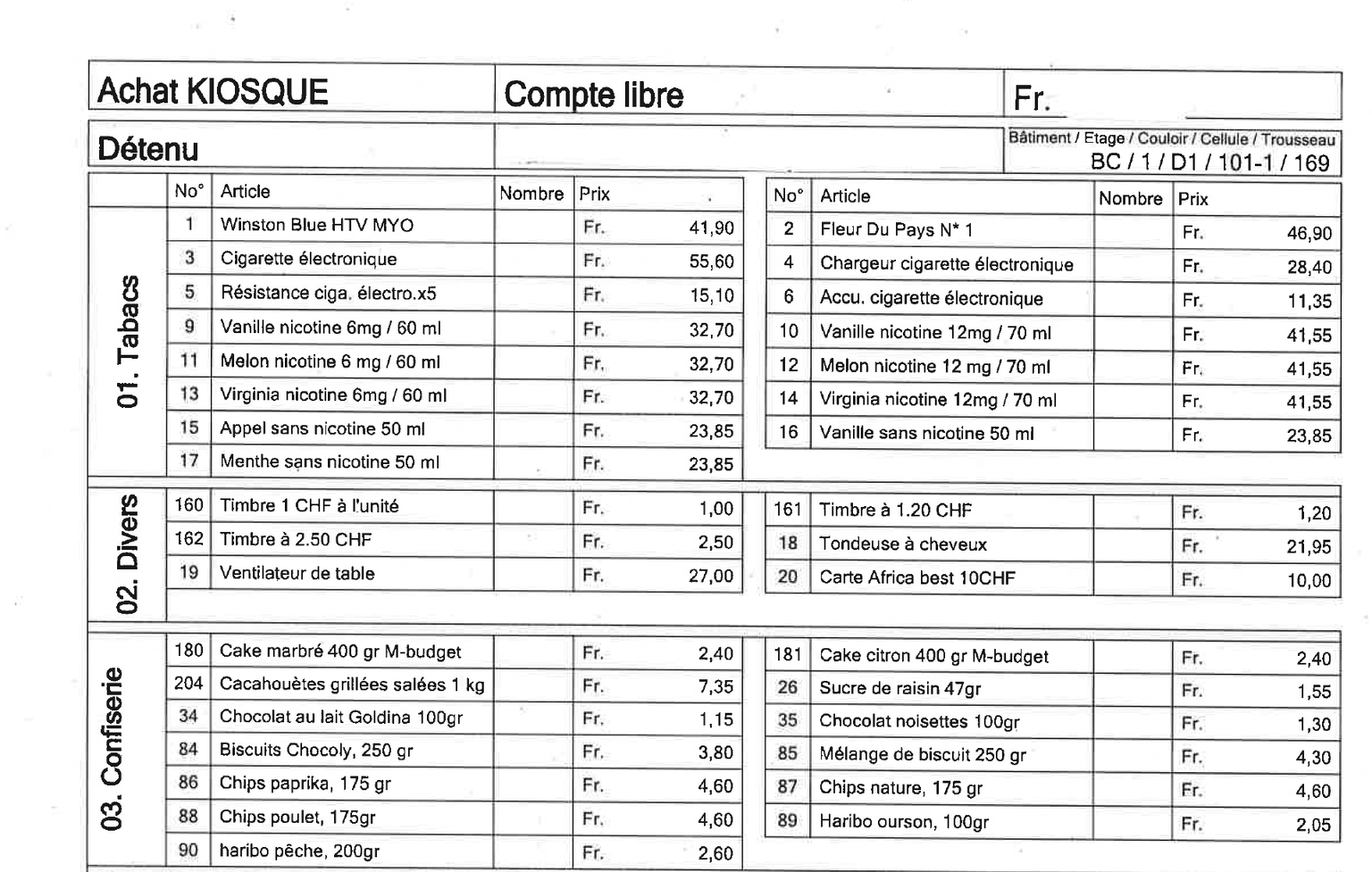 L’offre et les prix du kiosque de la prison sont ajustés en permanence.