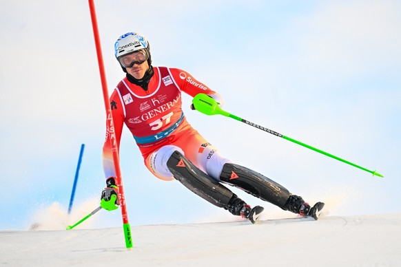 epa12528856 Marc Rochat of Switzerland in action during the first round of the men&#039;s slalom at the FIS Alpine Skiing World Cup in Levi, Finland, 16 November 2025. EPA/KIMMO BRANDT
