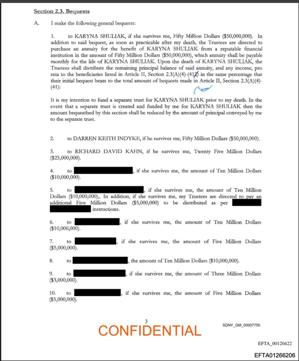 Un extrait du testament de Jeffrey Epstein. Ses héritiers y sont mentionnés.