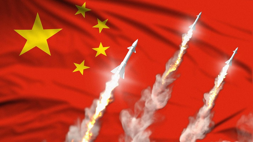 Modern strategic rocket forces concept on flag fabric background, China nuclear missile attack - military industrial 3D illustration, nuke with flag